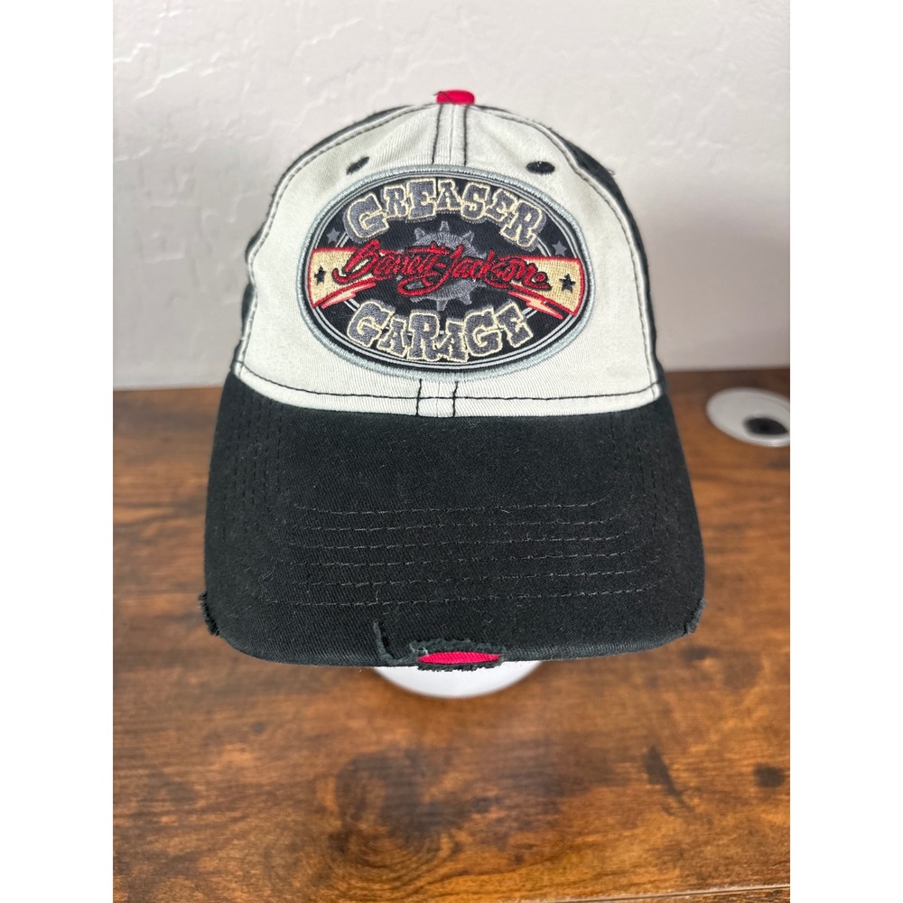 Barrett-Jackson Greaser Garage Distressed Baseball Cap Hat Black Tan Red OSFA